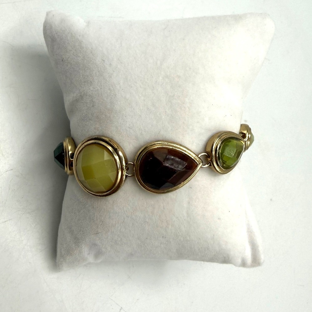 Gold Tone Multi Stone Beaded Toggle Bracelet Green Brown Amber Earthy Boho